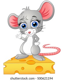 Vector illustration of Cute mouse standing above a cheese 