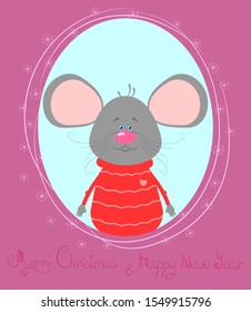 Vector illustration of cute mouse in winter red sweater. Christmas greeting card. Vector illustration.