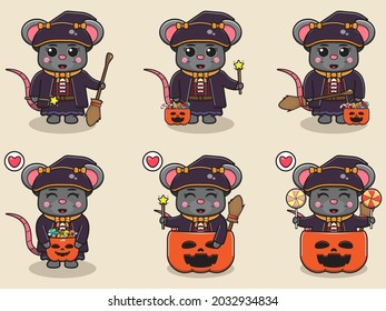 Vector illustration of cute Mouse with Witch costume. Mouse character vector design. Good for label, sticker, clipart.