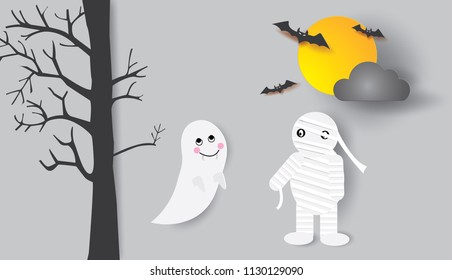 Vector illustration with cute mummy and ghost,bats on halloween night.