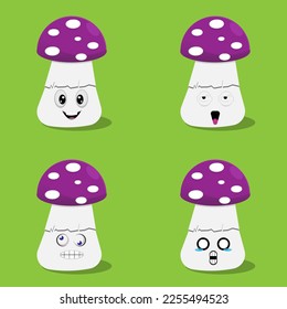 vector illustration of cute mushroom character with various expressions.