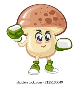 vector illustration of cute mushroom mascot boxing wearing boxing gloves