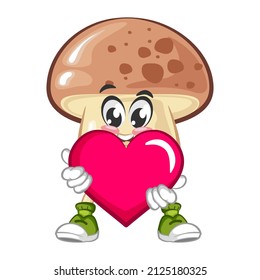 vector illustration cute mushroom mascot hugging pink heart