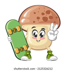 vector illustration of cute mushroom mascot carrying a skateboard with a wave of peace sign