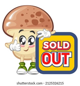 vector illustration of cute mushroom mascot showing a sold out sign with a thumbs up