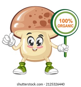 ilustración vectorial de la mascota de hongos lindo mostrando un cartel que dice 100% orgánico