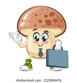 vector illustration of a cute mushroom mascot going to the office with a suitcase for work