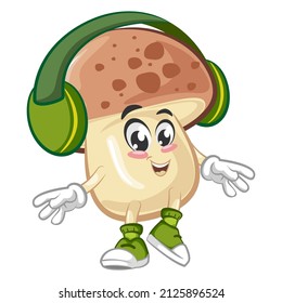 vector illustration of a cute mushroom mascot listening to a headset