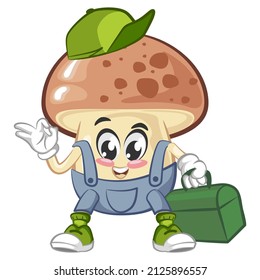 vector illustration of cute mushroom mascot of handyman with toolbox