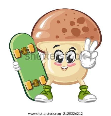 vector illustration of cute mushroom mascot carrying a skateboard with a wave of peace sign
