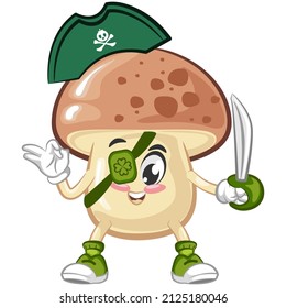 vector illustration of cute mushroom pirate mascot with sword carrying