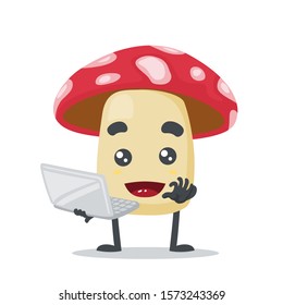 vector illustration of cute mushroom presentation with computer, on white background