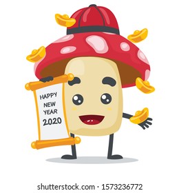 vector illustration of cute mushroom, wearing china hat celebration of happy new year on white background