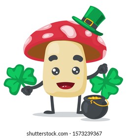 vector illustration of cute mushroom, wearing shamrock hat on white background