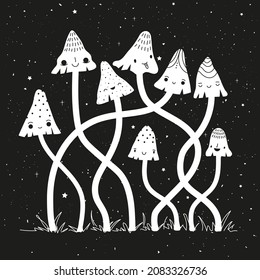 Vector illustration with cute mushrooms. Funny print design with stars, black white background