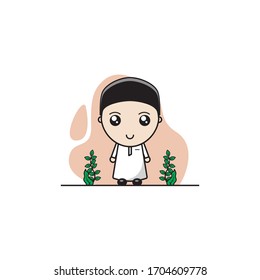 Imagen vectorial de un chico musulmán lindo vestido con gorra. Carácter lindo para ramadan, libros infantiles y mucho más.