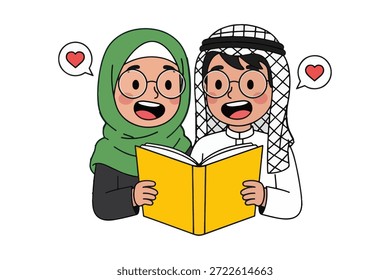 Ilustración vectorial de un lindo niño musulmán en keffiyeh y una niña en hijab con gafas y leyendo un libro juntos.