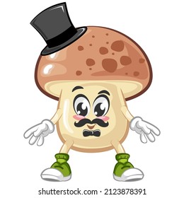 vector illustration of cute mustache mushroom mascot wearing a tuxedo hat