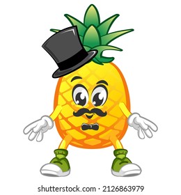 ilustración vectorial del personaje de la mascota de la piña de bigote lindo con sombrero largo