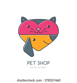 Vector illustration of cute muzzle of cat and dog in heart shape. Logo, icon or label design element. Trendy concept for pet shop, pets care and grooming, veterinary. 