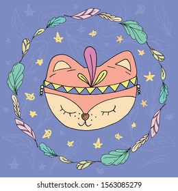 vector illustration with a cute muzzle of foxes decorated with feathers in the style of boho, sleep time, night lamp