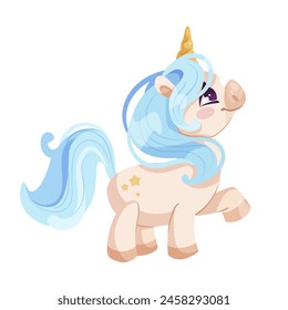 A vector illustration of a cute, mythical unicorn with blue mane and golden horn on a white background, concept of fantasy. Vector illustration