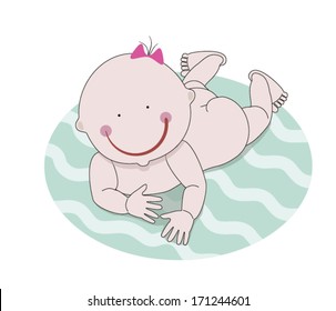 Vector illustration of a cute naked lying down baby girl. Sweet cartoon crawling toddler. Isolated image.