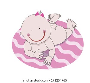 Vector illustration of a cute naked lying down baby girl. Sweet cartoon crawling toddler. Isolated image. 