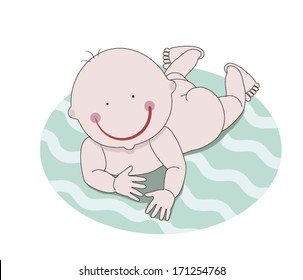 Vector illustration of a cute naked lying down baby boy. Sweet cartoon crawling toddler. Isolated image. 