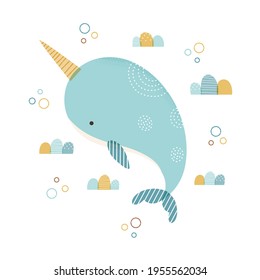 Vector illustration of cute narwhal. Cartoon style narwhal with whimsical waves and bubbles. Isolated on white background.