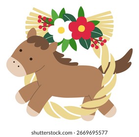 Ilustração vetorial da decoração de um bonito Ano Novo de um cavalo e uma corda de shimenawa para o Ano do Cavalo em 2026. Cartão de Ano Novo, zodíaco, signo de zodíaco