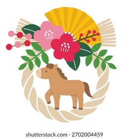 Una Ilustración vectorial de una linda decoración de Año Nuevo de un caballo y una cuerda shimenawa para el Año del Caballo en 2026. Tarjeta del año Nuevo, zodiaco