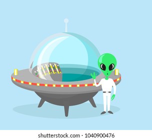 Vector illustration of cute and nice alien character with spaceship on light blue color background.