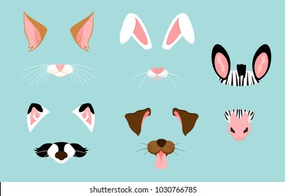 Vector illustration of cute and nice animal ears and nose masks for selfies, pictures and video effect. Funny animals faces filters for mobile phone.