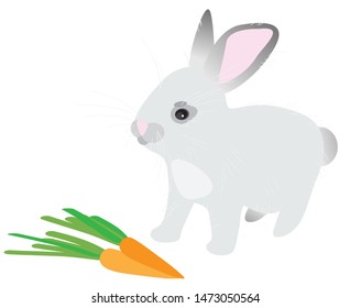 Vector illustration of cute nice bunny with carrot. Flat graphic. Easter bunny