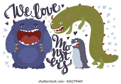 Vector illustration of cute nice monsters with lettering
