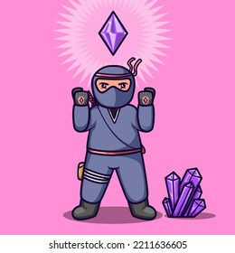Vector illustration of cute ninja with crystal and light