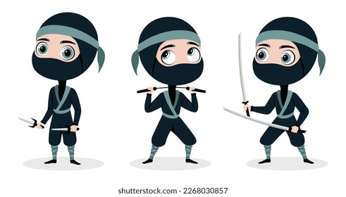 Ilustración vectorial de un guerrero ninja lindo aislado en blanco. Encantadores personajes ninja en diferentes poses y emociones: de pie con espadas, arma cerca del cuello, atacando con sables al estilo de las caricaturas.