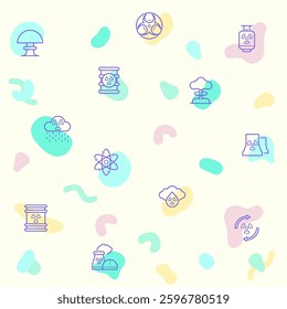 Vector illustration of a cute Nuclear And biohazard Technology. Collection of energy, power, danger, atom, bomb, plant, barrel, molecule, radiation and other elements. Isolated on beige.