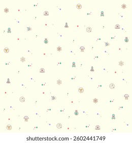 Vector illustration of a cute Nuclear And biohazard Technology. Collection of energy, power, danger, atom, bomb, plant, barrel, molecule, radiation and other elements. Isolated on beige.