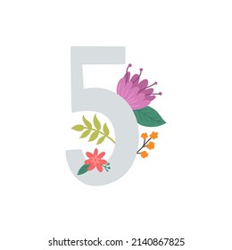 vector illustration, cute number five and flowers, baby shower design, kids age poster, wall art, birthday invitation