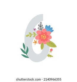 vector illustration, cute number six and flowers, baby shower design, kids age poster, wall art, birthday invitation