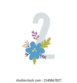 vector illustration, cute number two and flowers, baby shower design, kids age poster, wall art, birthday invitation