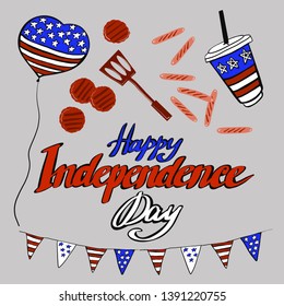Vector illustration cute objects happy independence day in red, blue and white colored for advertisment. Picnic, sausages, ball, 4 of july