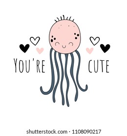 Vector illustration with cute octopus. Baby print. Cartoon background.