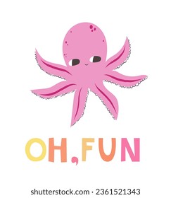 Vector illustration of a cute octopus. Flat style. Cute octopus with big eyes. Mollusk with tentacles. Sea and ocean theme