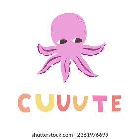 Vector illustration of a cute octopus. Flat style. Cute octopus with big eyes. Mollusk with tentacles. Sea and ocean theme