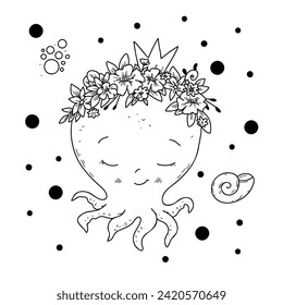 Vector illustration of a cute octopus in hand-draw doodle style.