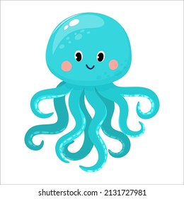 Vector illustration of cute octopus isolated in cartoon style on white background. Use for kids app, game, book, clothing print T-shirt print, baby shower.