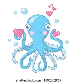Vector illustration with a cute octopus in love isolated on white background. It can be used for poster, postcard, t-shirt print, flyer and other design.